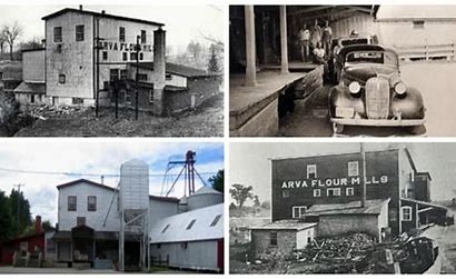 Four archival photographs of Arva Flour Mills across different eras, from early 1900s to modern day