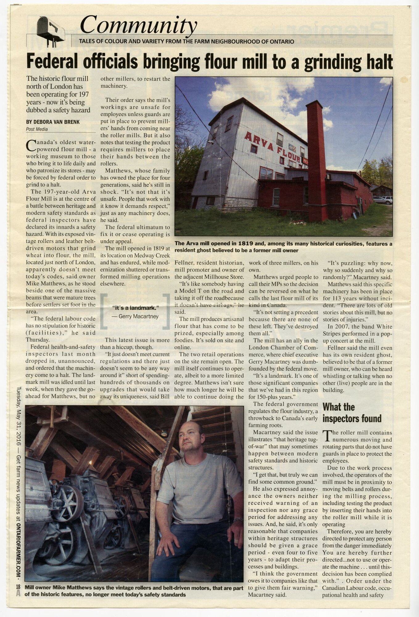 Newspaper page from Ontario Farmer, headline 'Federal officials bringing flour mill to a grinding halt' — photograph of the exterior of the Arva Flour Mill and inset photo of Mike Matthews inside the mill among the vintage rollers